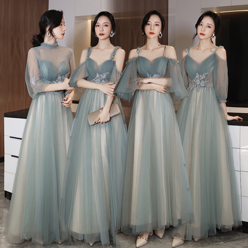 Đầm phù dâu phối lưới dáng xòe thời trang xuân thu 2021