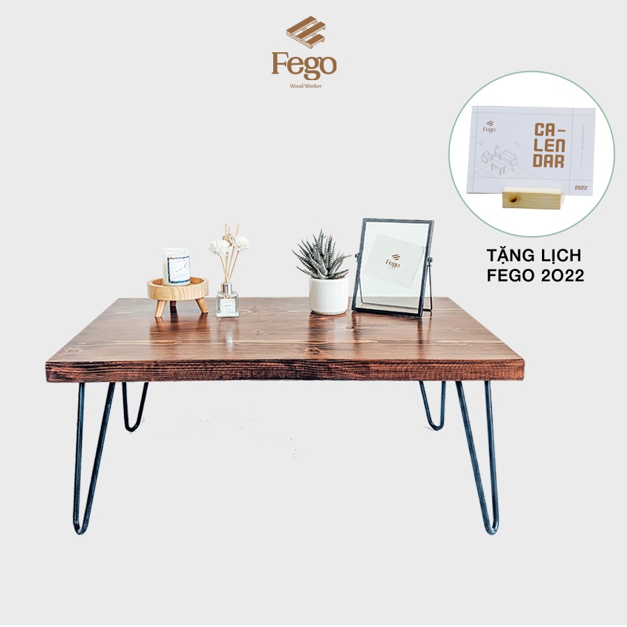 Bàn trà gỗ thông FEGO0028 chân sắt hairpin