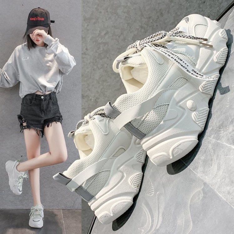 Kasut perempuan Women Sneakers Fashion Mesh Chunky Sneakers Casual Shoes Reflective Comfortable Thick Sole White Dad Flats Platform Shoes