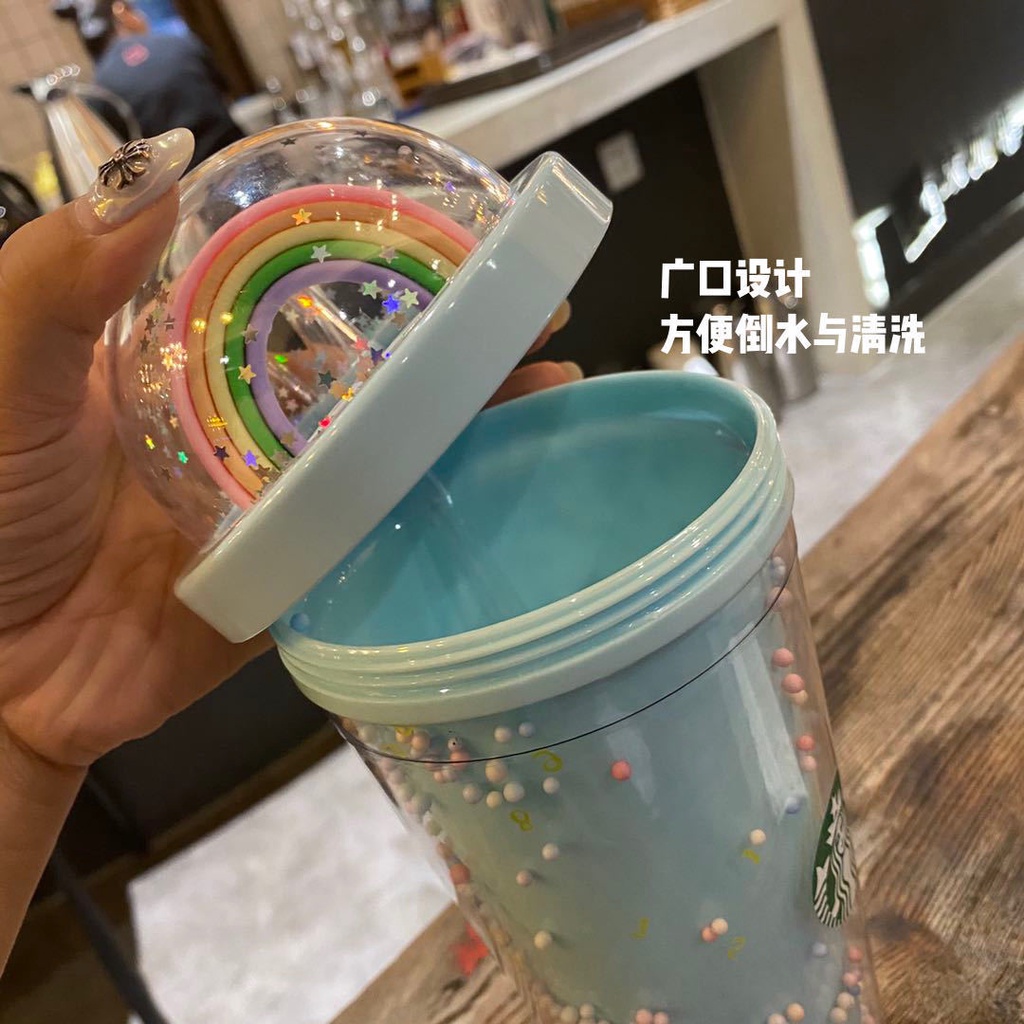 Cốc Nhựa Uống Nước Starbucks Màu Cầu Vồng Họa Tiết Hoạt Hình Hai Lớp Ống Hút 600ml