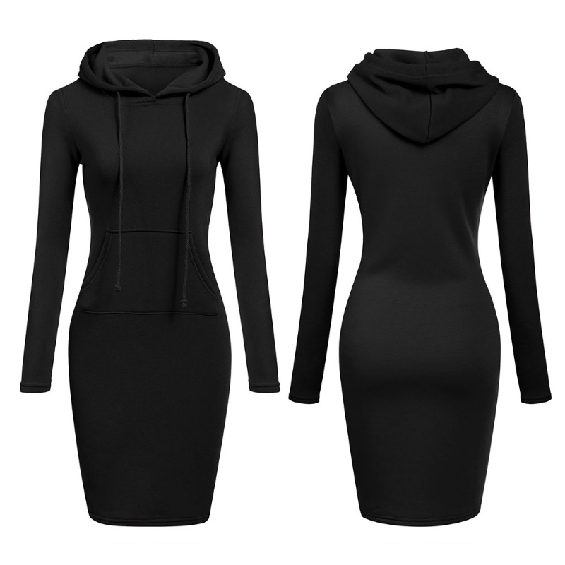 Xiangbao Đầm Hoodie Tay Dài Màu Trơn Phối Dây Rút Và Túi Thường Ngày Cho Nữ Jac