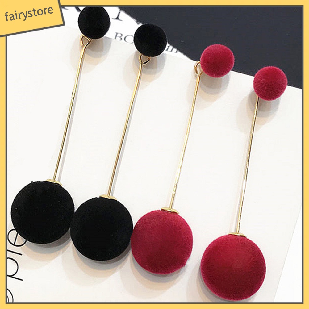 Khuyên Tai Dáng Dài Đính Quả Bông bằng Lông thú giả xinh xắn