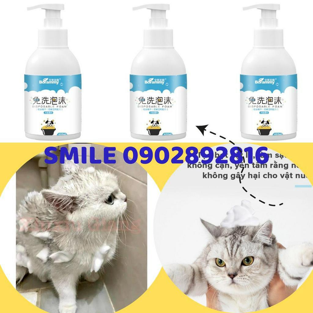 Sữa tắm Borammy khô cho thú cưng chó mèo, Bọt tắm khô khử mùi làm sạch lông, sạch sẽ và thơm mát (400ml