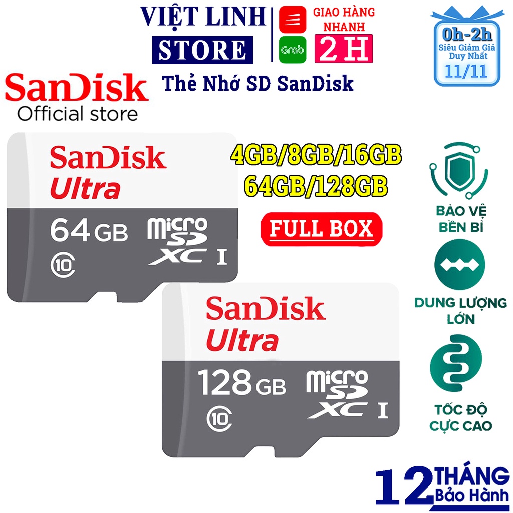 Thẻ nhớ SD Sandisk 128GB 64GB 32GB 16GB Ultra upto 170MB/s