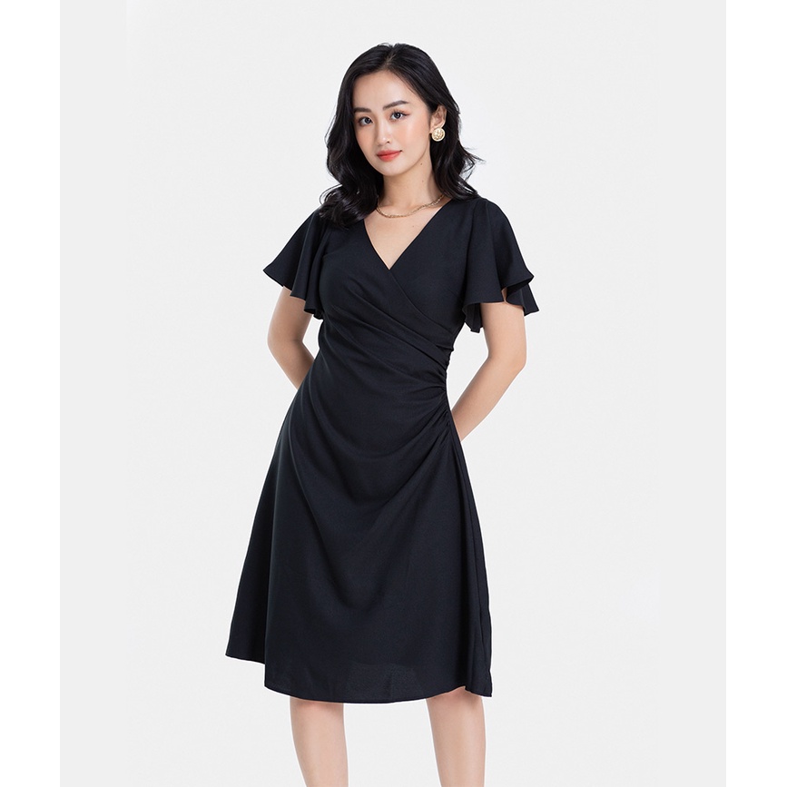 Đầm nữ thiết kế cổ chữ V HNOSS tay ngắn kiểu dáng đắp ngực xếp nhún eo DLU013