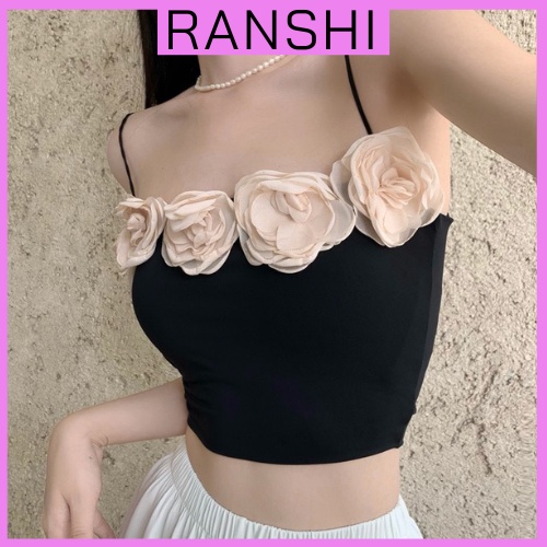 Áo 2 Dây Đính Hoa RANSHI Áo Croptop Phối Hoa Xinh Xắn Vải Thun Co Giãn Thoáng Mát - RA057