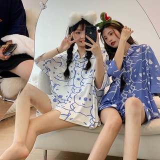 SUSQ1 Đồ bộ Pijama nam nữ ngủ cộc tay gấu xanh trắng mặc nhà cute Quần sooc đùi short ngắn áo cổ vest form rộng unisex