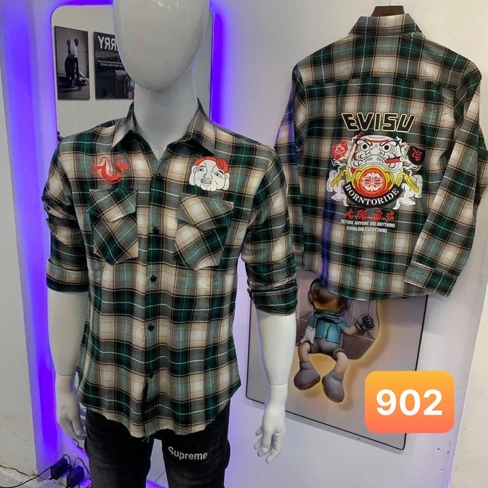 Áo sơ mi nam cao cấp chất liệu cotton đẹp họa tiết karo màu xanh dài tay kiểu dáng hàn quốc evisu Lavado29 mẫu mới