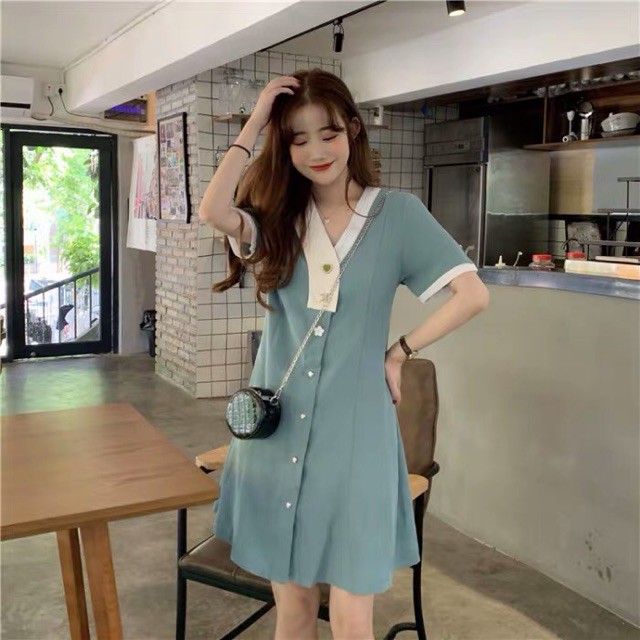 (Order) bigsize M-4XL Đầm cổ V viền trắng phối cúc cách điệu độc đáo thanh lịch tone màu xanh/hồng pastel