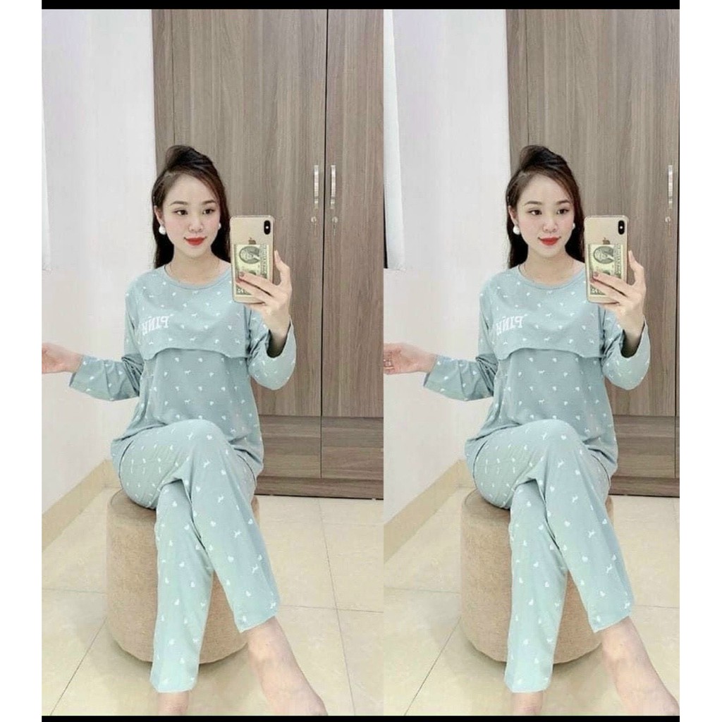 Bộ đồ bầu DÀI TAY PINK thiết kế lật ti cho mẹ bầu dễ dàng cho con ti