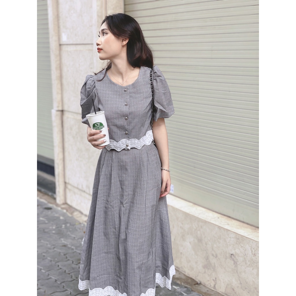 (HÀNG SẴN - HÌNH THẬT) Set Gồm Áo &amp; Chân váy midi dáng dài phối ren vạt. set đồ phong cách Retro