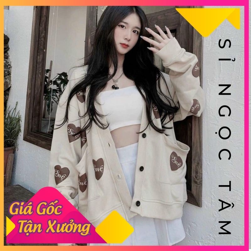 Áo Khoác Nỉ Bông Cardigan Hình Trái Tim Nâu Siêu Hot - Freesize Dưới 70kg - Sỉ Ngọc Tâm