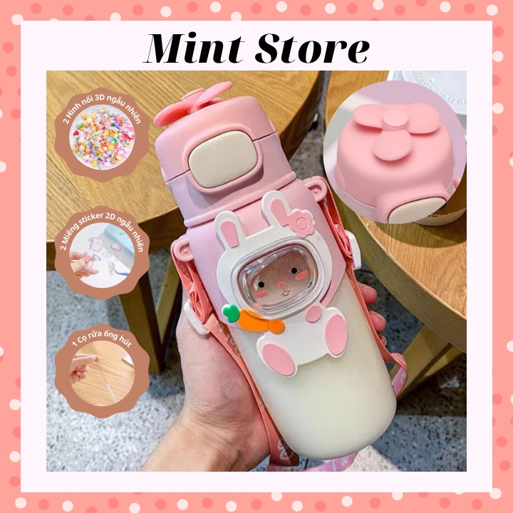 Bình Nước Cute Cho Bé Mang Đi Học, Bình Nước Nắp Bật Có Dây Đeo