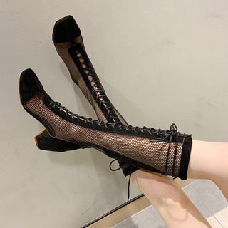 Boot đùi lưới da lộn đế vuông cao 7cm mũi nhọn ulzzang hàn quốc - loại 1