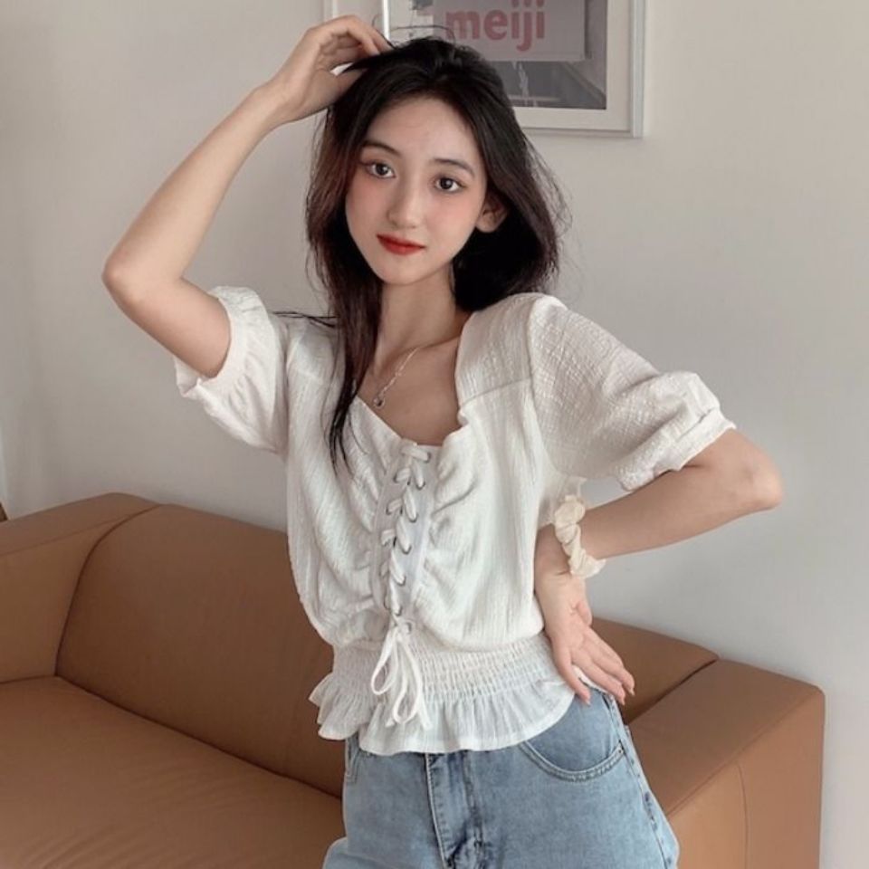 Áo chiffon Cổ Vuông Tay Ngắn Dáng Rộng Phối Ren Thời Trang Cho Nữ