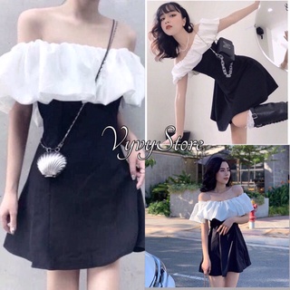 Váy Trễ Vai Phối Ngực Trắng Nữ,🌸 Vyvystore<FREESHIP>🌸, Đầm Body Chữ A Đen Hở Vai ,Tay Bồng Bánh Bèo Màu ĐEN TRẮNG