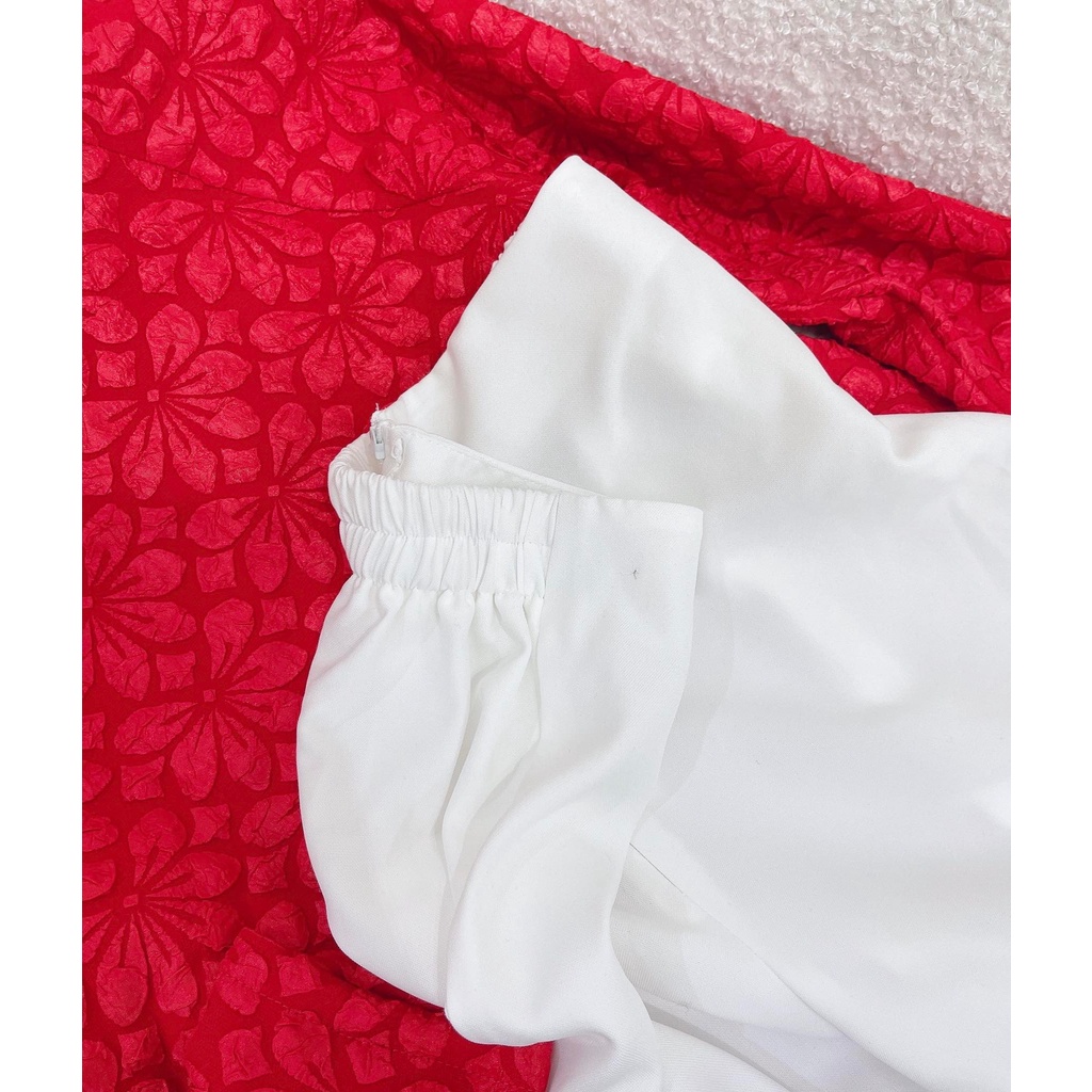 SET ÁO DÀI ĐỎ HOA NỔI + QUẦN SUÔNG TRẮNG