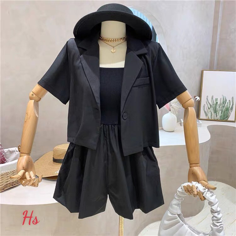 Set Jumpsuit Đùi Kèm Áo Khoác Chất Áo Thô Thái Áo Quây Bozip Dãn Xưởng May DCS