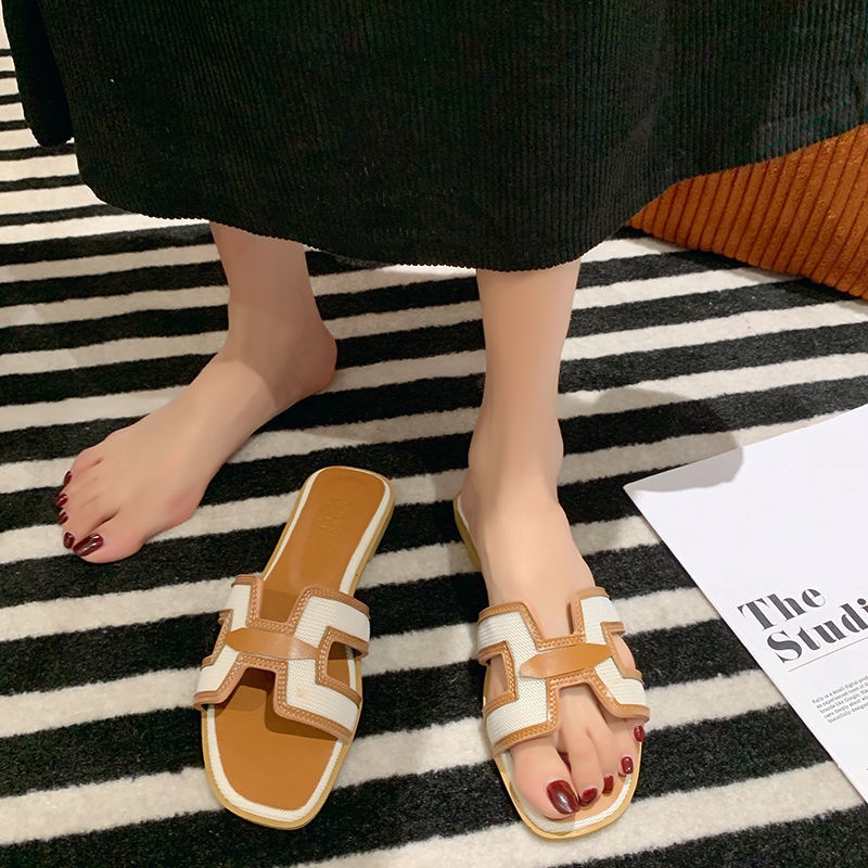 Oeggeo shop Dép Lười Denim Đế Phẳng Khâu Đường May Cho Nữ