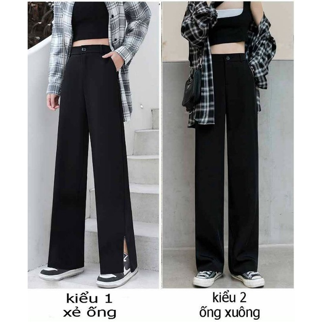 Quần tây đen, quần ống rộng suông lưng cao có khóa kéo chân