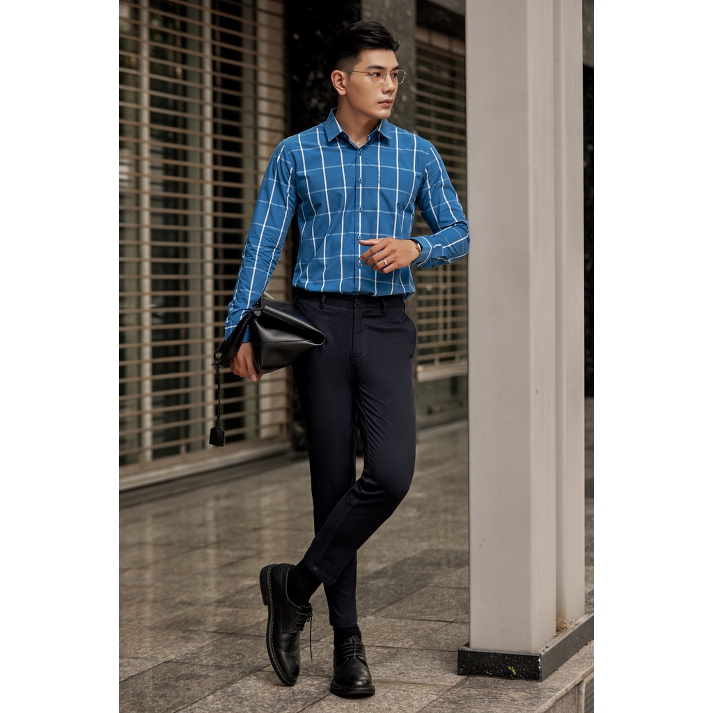 Áo Sơ Mi Americus Gosani Caro Phom Slimfit Màu Nâu Và Xanh Dương