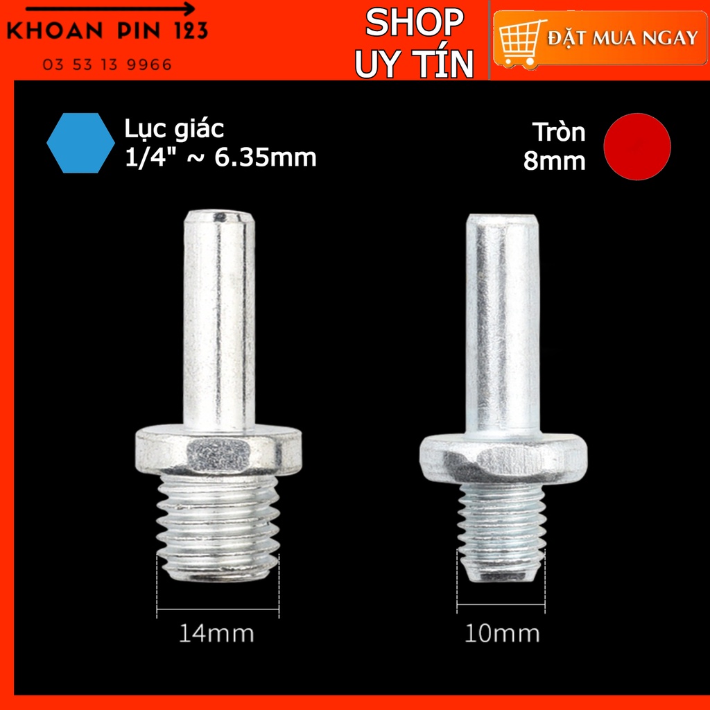 Đầu cán nối đế chà, đĩa đánh bóng loại lục giác và chuôi tròn M10, M14 gắn máy khoan, máy bắt vít