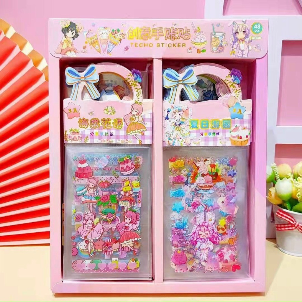 Set túi sticker quai 3 tấm cắt sẵn PET không thấm nước dễ thương nhiều chủ đề, trang trí bukao