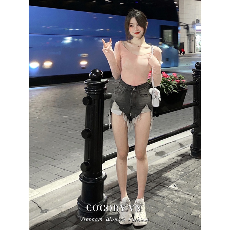 Cocory vn Quần Short Jean Rách Vintage Cho Nữ