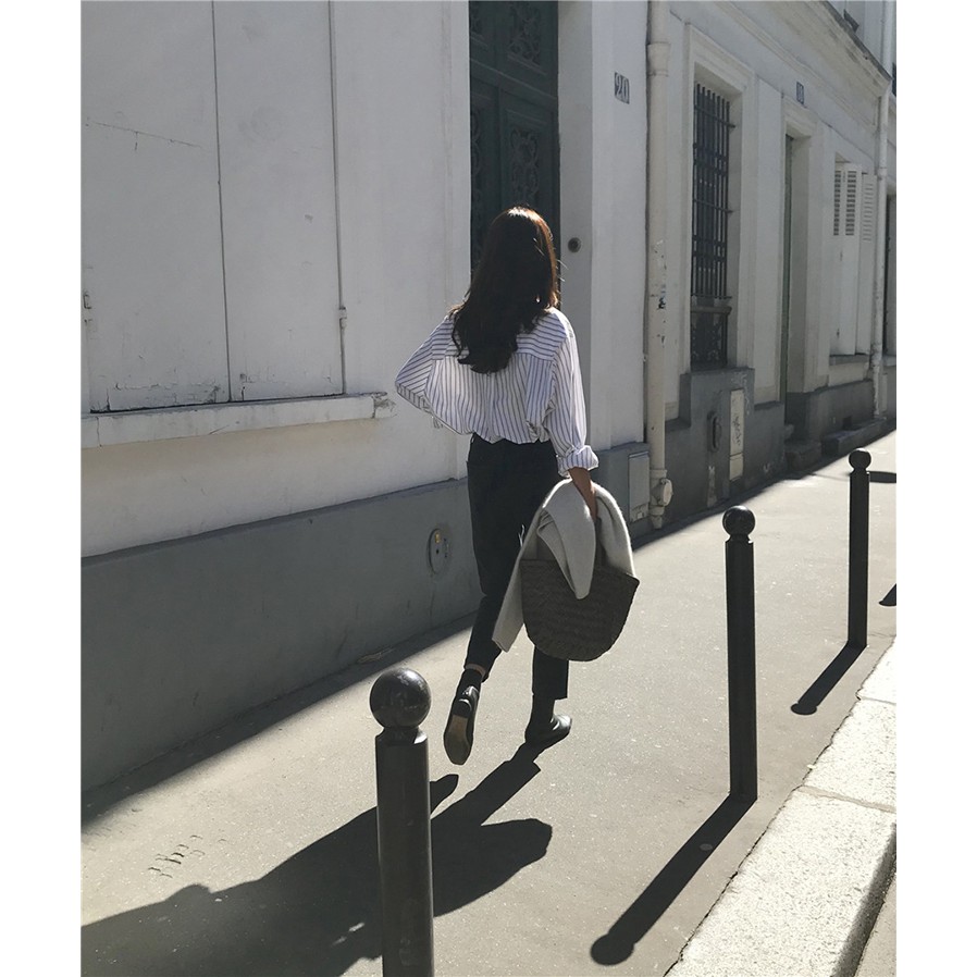 Áo sơ mi dáng rộng kẻ sọc thời trang retro Hàn Quốc cho nữ