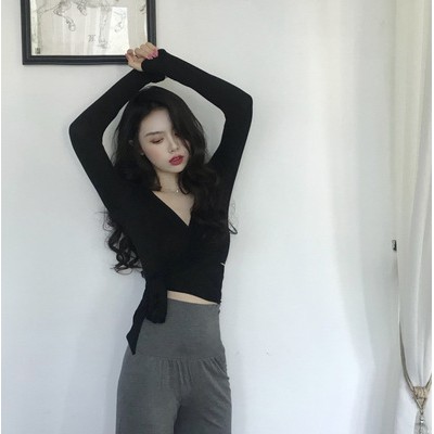 NRVP Áo thun cổ V dáng ôm kiểu dây buộc thời trang gợi cảm nữ tính