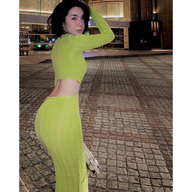 Đầm maxi khoen eo tay dài