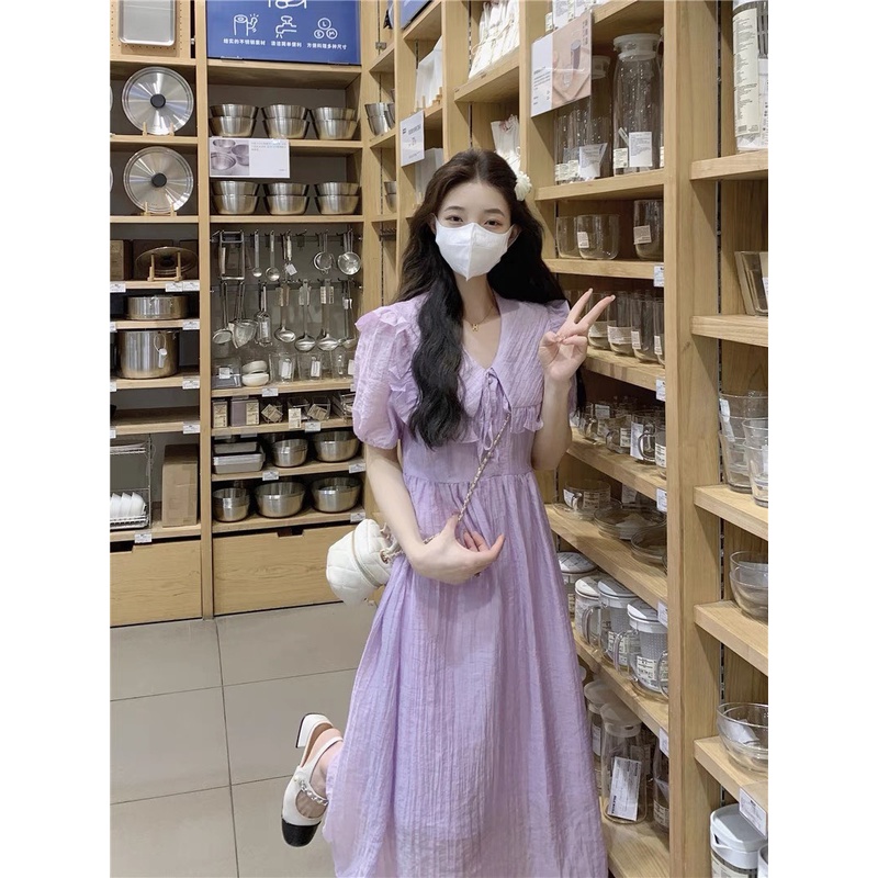 Váy tiểu thư đũi nhăn cổ sen bèo buộc dây cúc ngọc dáng xòe, đầm đũi suông dài dáng xòe xinh Kozoda D80