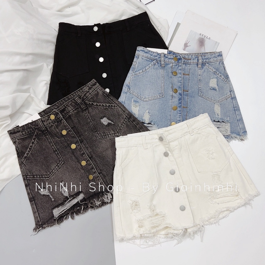 Quần giả váy bò rách khuy túi to, Quần váy jean cạp cao co giãn QS3011 - NhiNhi Shop