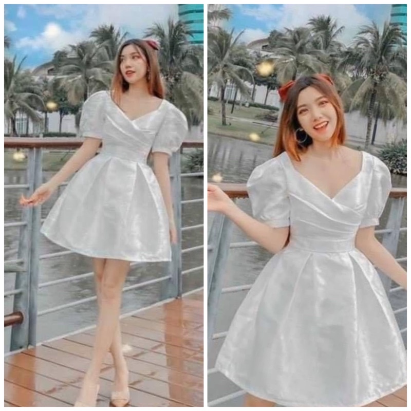 Đầm vintage, váy xoè, váy dự tiệc trắng cổ V đắp chéo (kèm hình thật)