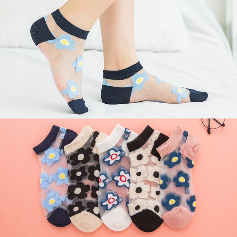 Bộ 5 Đôi Vớ Sợi Thủy Tinh Ngắn Siêu Mỏng Trong Suốt Họa Tiết Hoa Phong Cách Nhật Bản Thời Trang Mùa Hè Cho Nữ