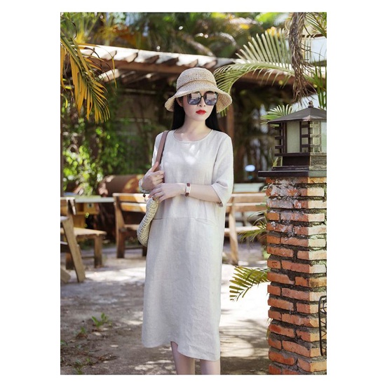 Đầm linen dáng suông kem muối tiêu cổ tròn tay lỡ túi hàm ếch chất linen bột thoáng mát thấm hút mồ hôi