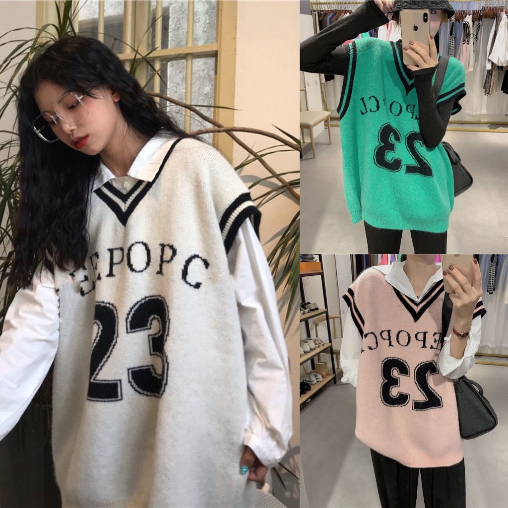 Áo len không tay cổ chữ V dáng rộng thời trang cho nữ