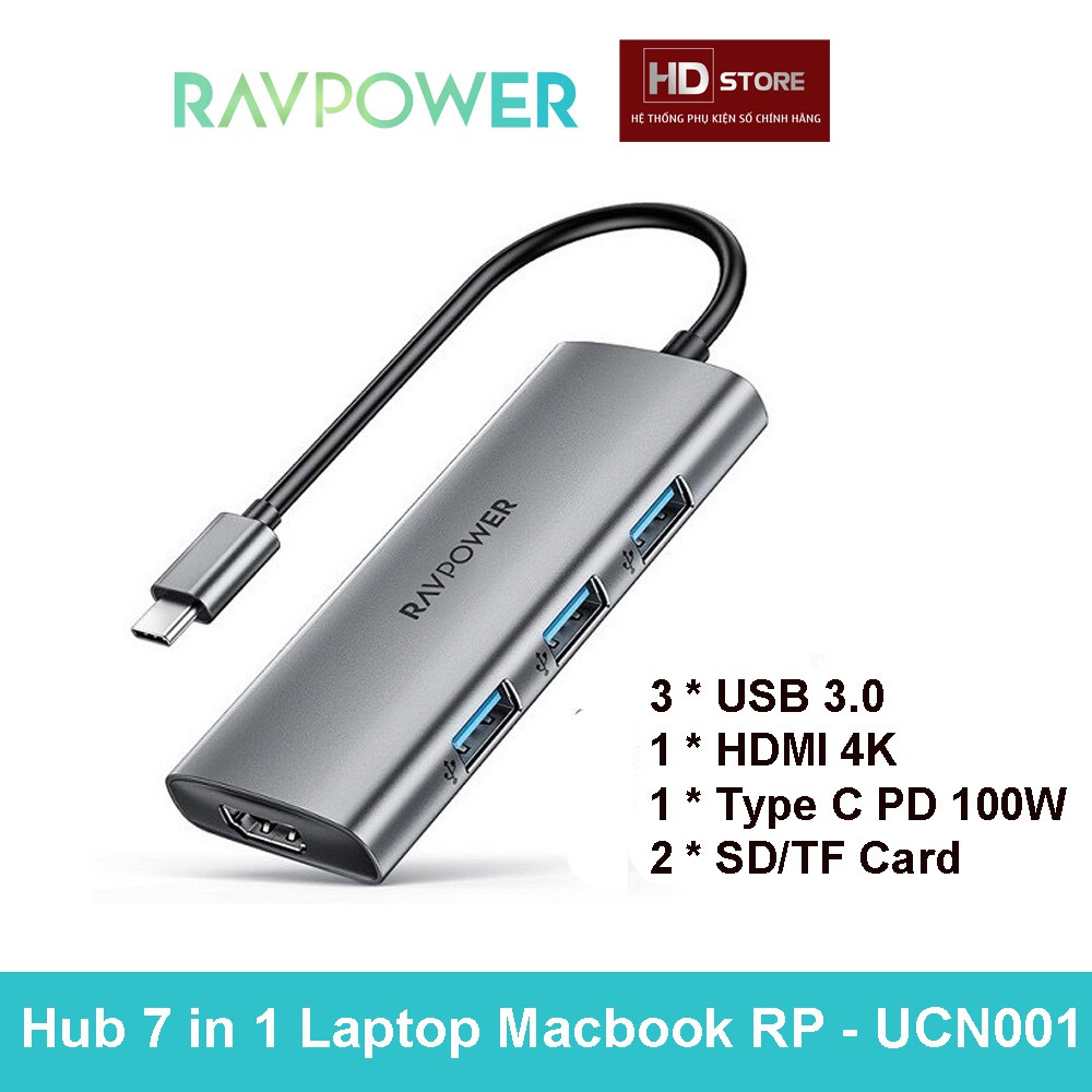 Hub RAVPower Type-C 7 in 1 cho Laptop Macbook Air Pro Mac  (Type-C to HDMI/ USB3.0/ PD 100W) Đầu cáp chuyển