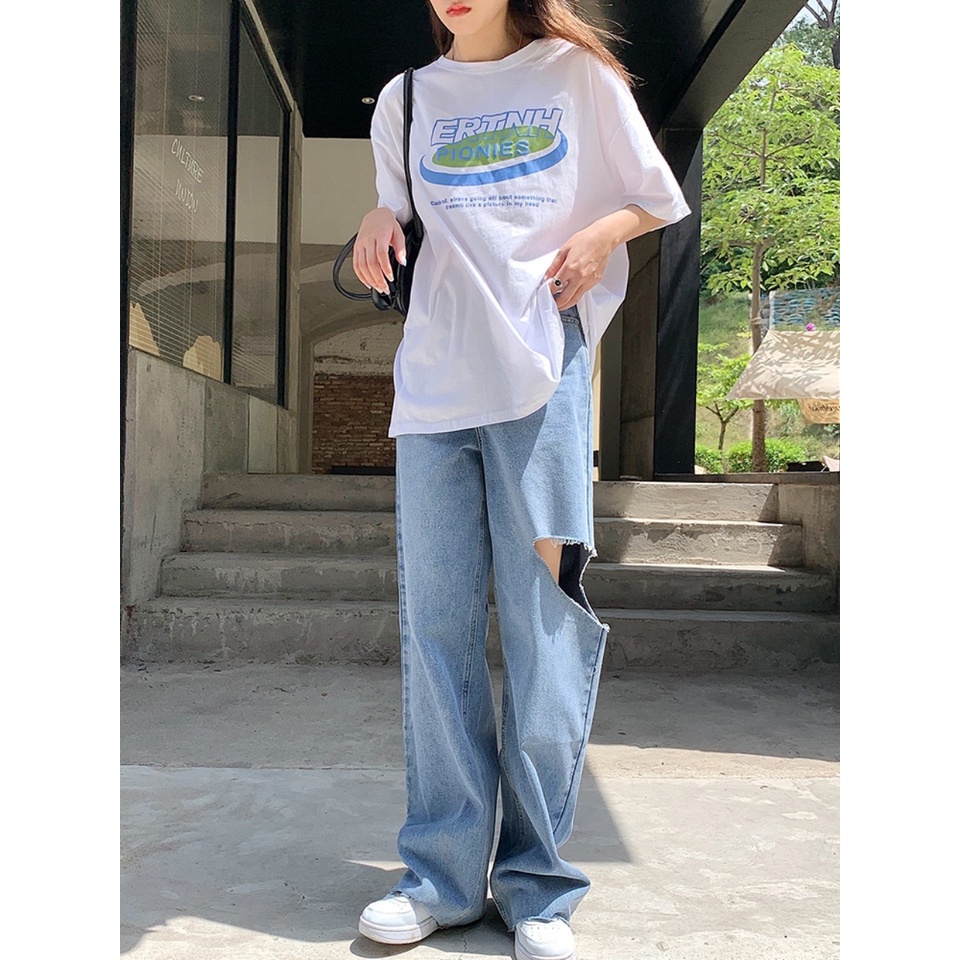 Quần Bò ống Rộng Nữ Cạp Cao quần jeans Baggy Ống Rộng Lưng Cao, Vải Bò Dày Đẹp , Không Giãn ,Rách Sườn Cá Tính