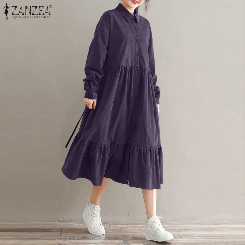 Đầm ZANZEA Tay Dài Cổ Bẻ Thiết Kế Xếp Ly Phong Cách Hàn Quốc Thời Trang Dành Cho Nữ