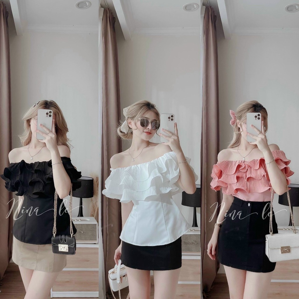 sét áo bèo trễ vai kèm chân váy ngắn ôm sát siêu xinh