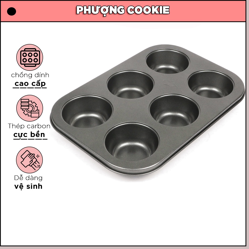 Khuôn cupcake 6 ô chống dính THÉP CARBON dùng để nướng bánh hoặc khay lót cup giấy mềm 7cm