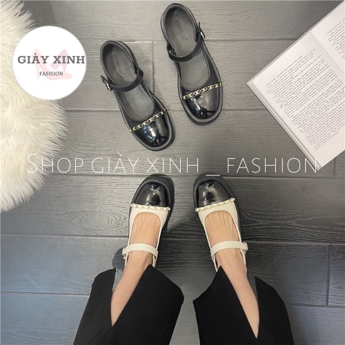 Giày búp bê lolita đế bệt , Guốc nữ phối mũi kết hơp dây xích hottrend Mã VM