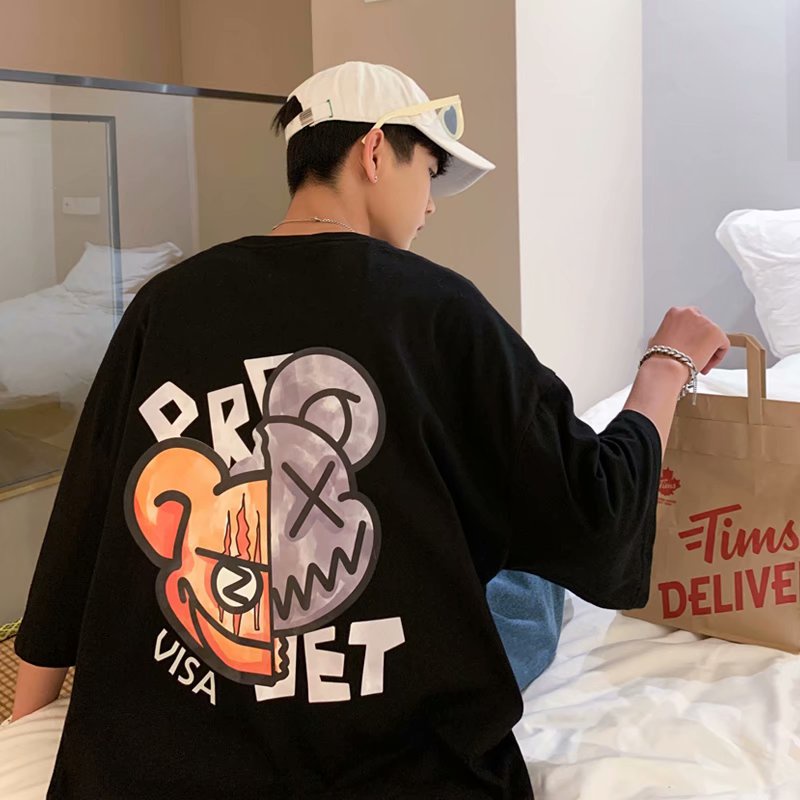 cotton ifashion Áo thun simple anime phong cách Hàn Quốc unisex áo thun nam  áo phông rộng oversize áo thun kiểu nữ streetwear đen      trắng áo thun thể thao &quot;retro áo thun tay lỡ
