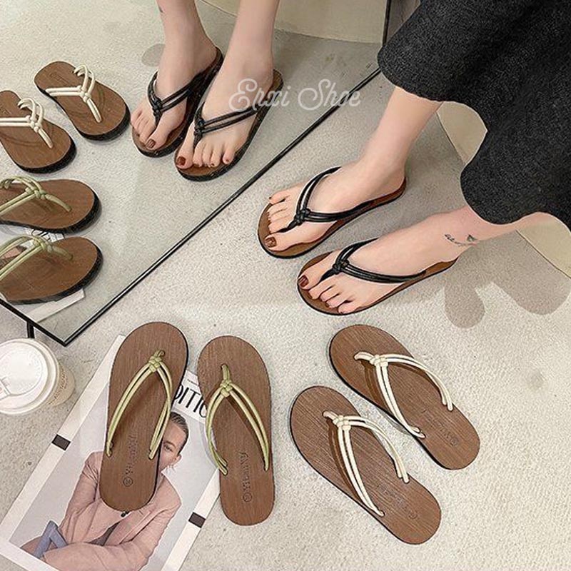 Oeggeo Cửa Hàng Thời Trang Dép Xỏ Ngón Đế Phẳng Đan Lát Đế Phẳng Cho Nữ