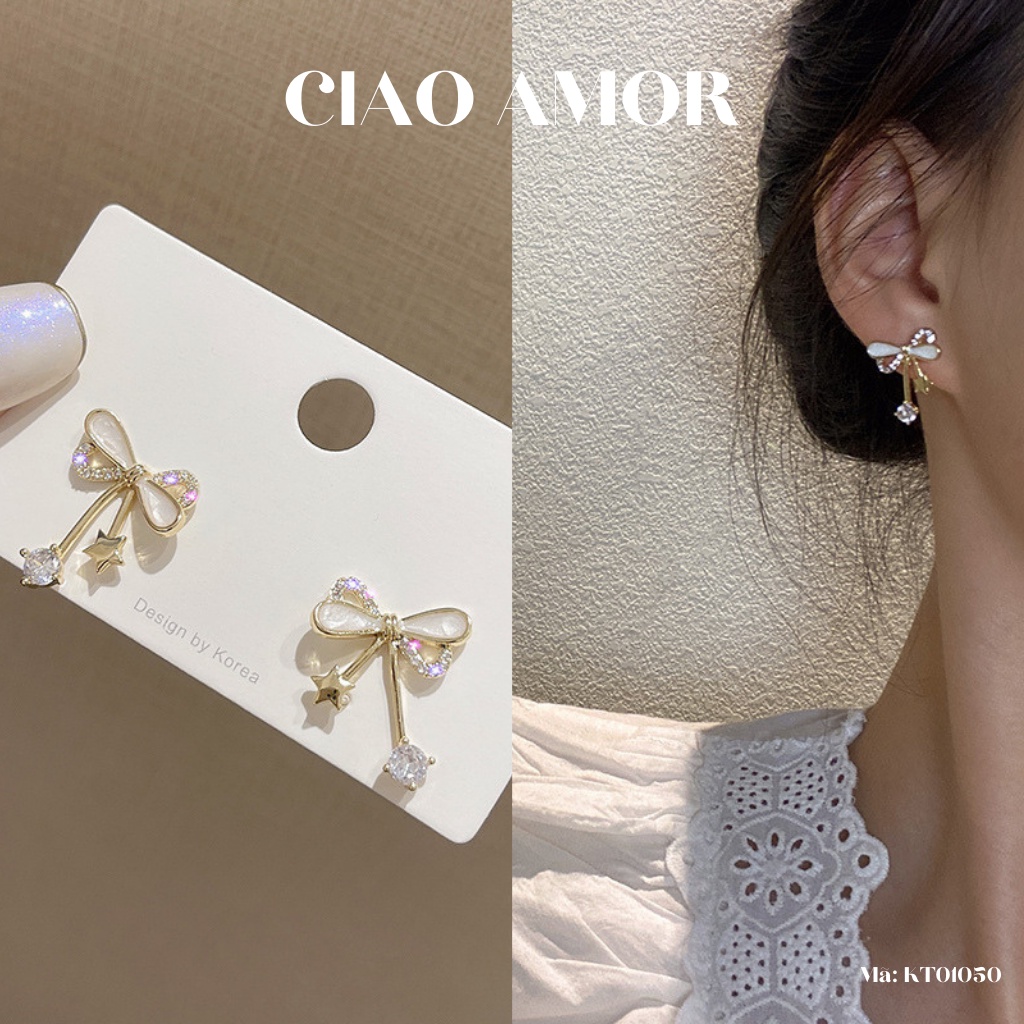 KT0149-Khuyên tai nữ, hoa tai ngắn nơ xà cừ dễ thương Trang sức Ciao Amor