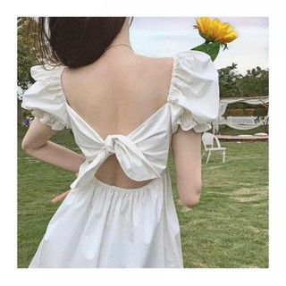 Đầm trắng tay phồng cột nơ sau