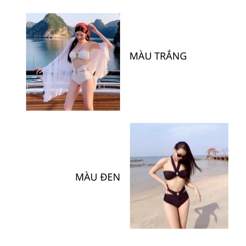 Đồ bơi bikini nữ 2 mảnh màu trắng, đen phối khoen cá tính KONKUN MS37