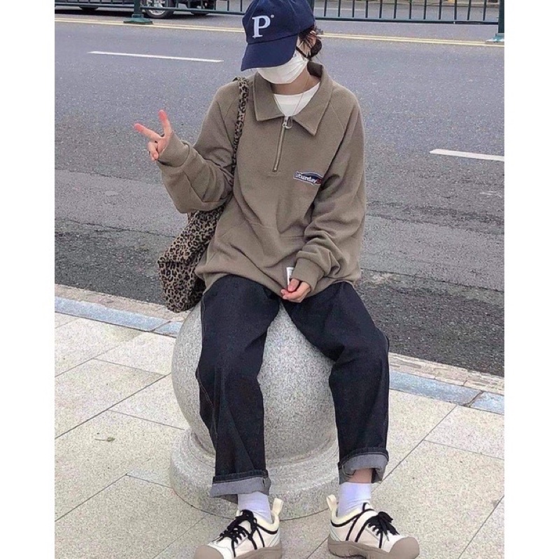 Áo Nỉ Polo Nữ [FREESHIP]  Sweater cao cổ dài tay bồng, form rộng cá tính ☘️
