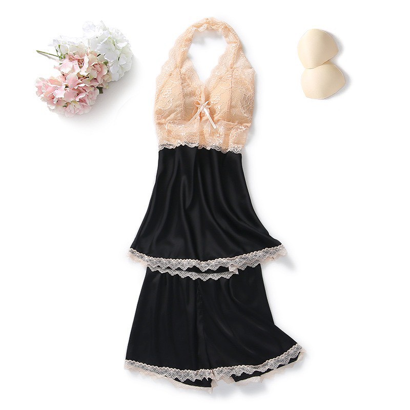 Đồ Ngủ 2 Dây Quần Cộc Ren Xẻ Mặc Nhà Lụa Satin Cao Cấp AMK.10040